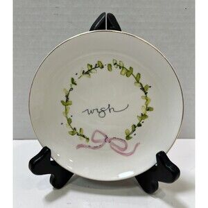 Jenny Parkhurst 5” round Stoneware Plate Wish Pink Ribbon Green Leaves Wreath